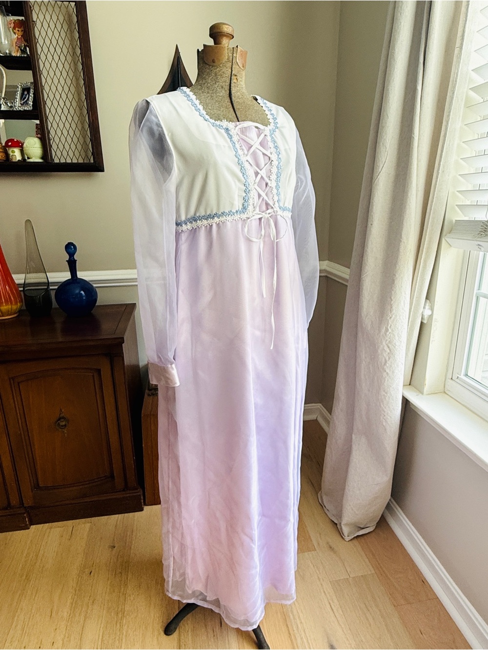 Vtg 70s Prairie Cottage Core Lavender Atlas Satin And Chiffon Maxi Dress S/M